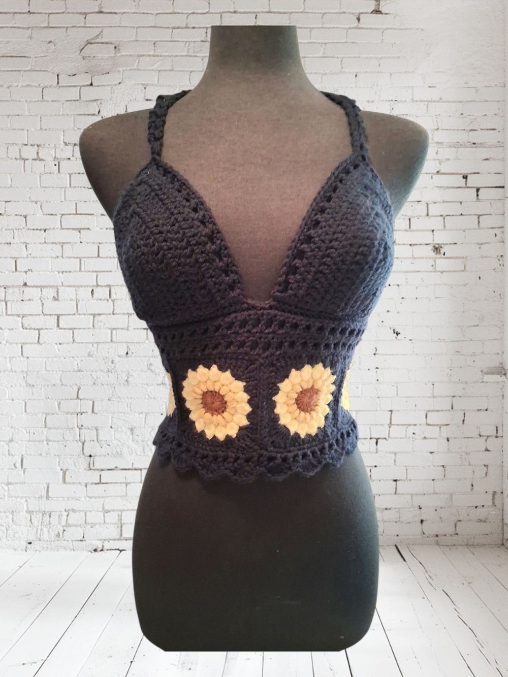 Handmade Navy Crochet Sunflower Bralette Top